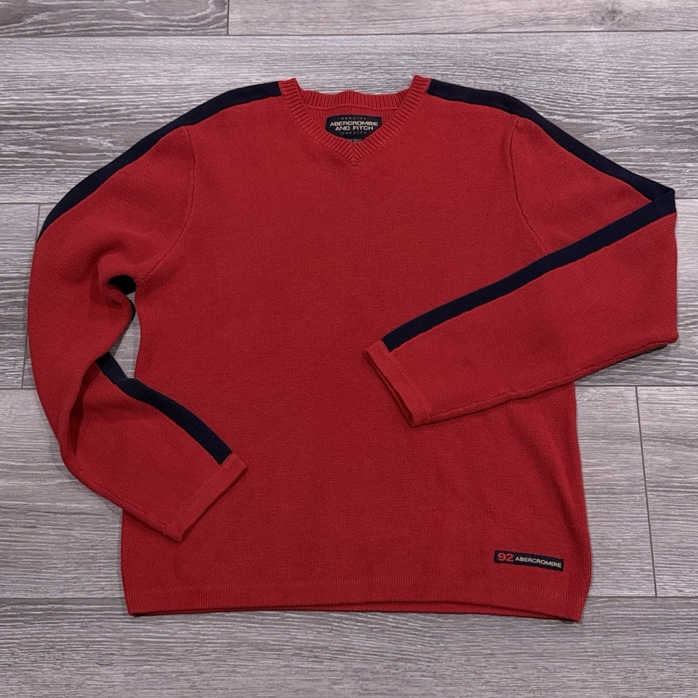 Vintage Y2K Abercrombie & Fitch Red Navy‎ Racing Stripe V-Neck Sweater Mens M